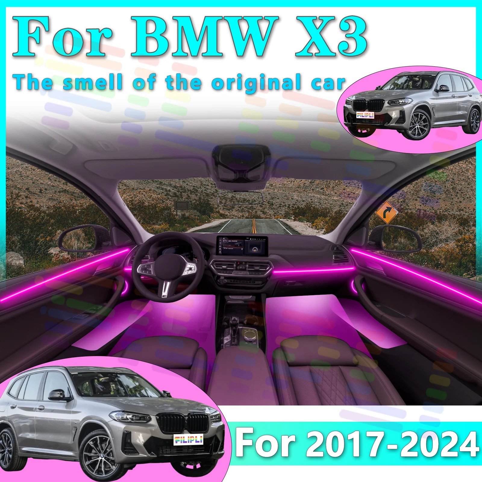 

Светодиодная RGB-подсветка для салона автомобиля 2017-2024: невидимая неоновая лента из оптоволокна с управлением через приложение, декоративная подсветка