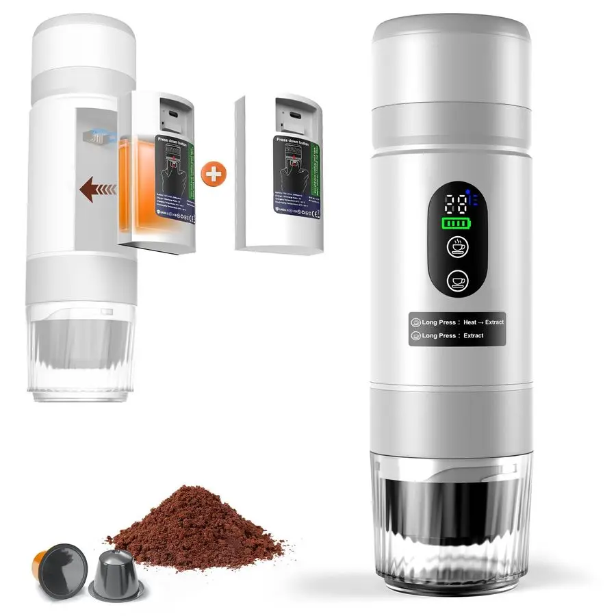 Portable Coffee Machine w 2 Rechargeable Batteries, 8 Cups, 20bar, USBC, Espresso coffee Maker for Camping Travel Office, Groun