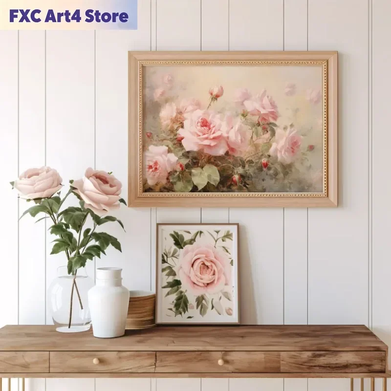 Rahmenloses Vintage-Ölgemälde mit Rosen-Garten-Szenerie, Wandkunst-Poster, Rosa Rose, Blumen, Cottage, Wohnzimmer, Heimdekoration, Leinwand P