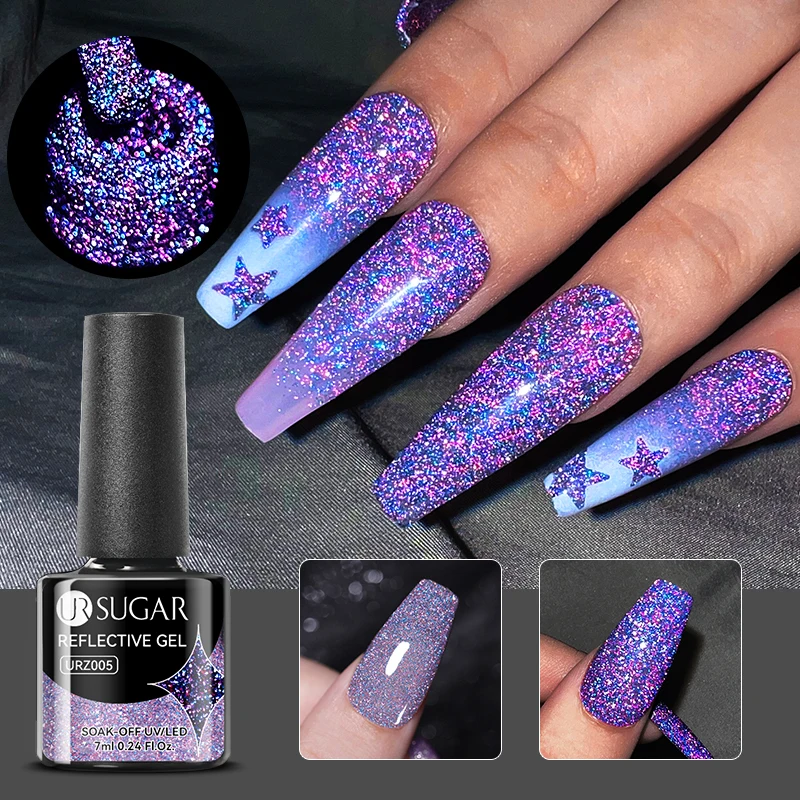 UR SUGAR Pink Reflective Glitter Gel Sparkling Sequins Gel Nail Polish Soak Off UV LED Semi-permanent Nail Art Varnish