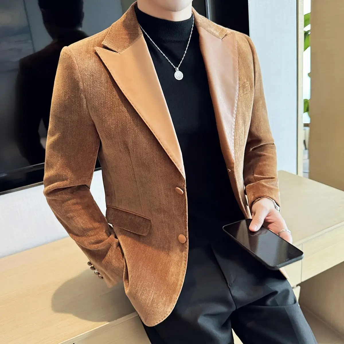 

Leather Splicing Chenille Suit Jackets 2025 Autumn Winter New Men Business Casual Slim Fit Coats Formal Wedding Party Tailcoat