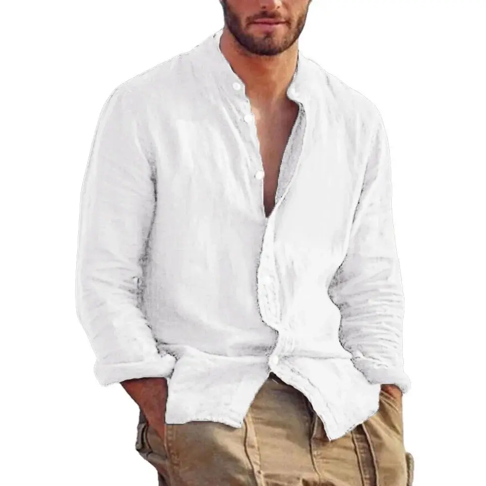 Men's Long Sleeve Linen Cotton Shirt  Thickened Fleece  Collar Special Wide Fit Autumn Wear Casual Business Shirt