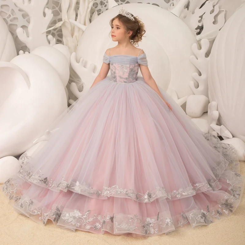 

Flower Girl Dresses Light Purple Tulle Puffy With Patterned Appliques Sleeveless For Wedding Birthday Banquet Princess Gowns