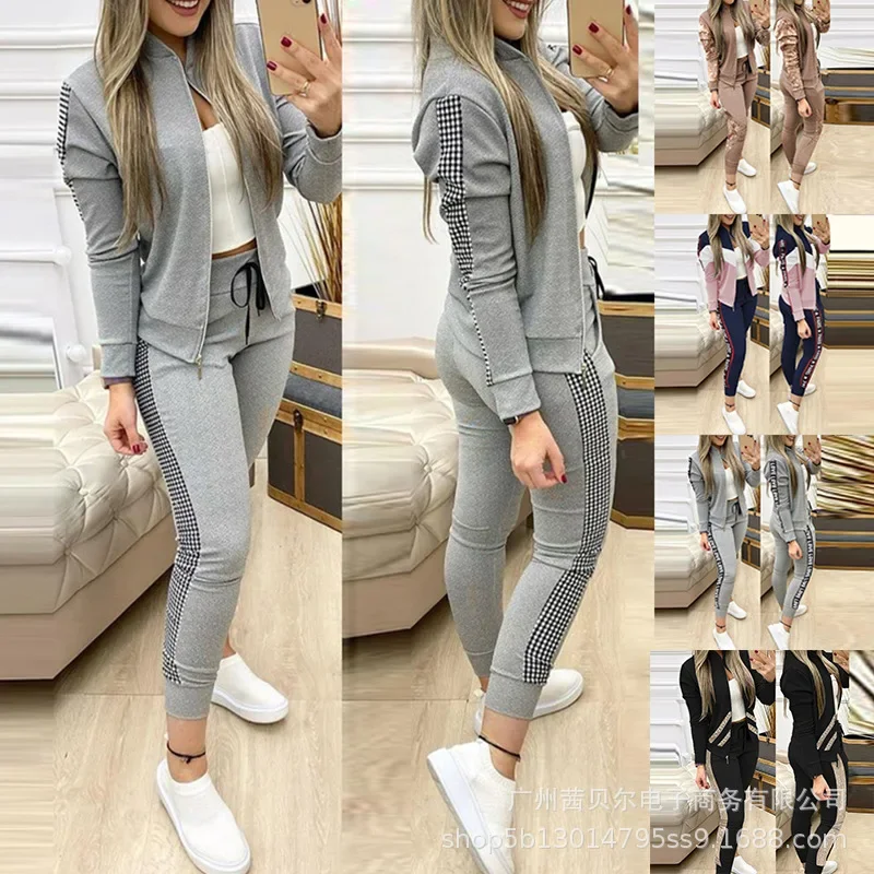 Conjunto de pantalones de Otoño Invierno para mujer, cremalleras con cuello redondo, pantalones pitillo de manga larga de Color sólido con cordones, moda informal, cómodo Regular