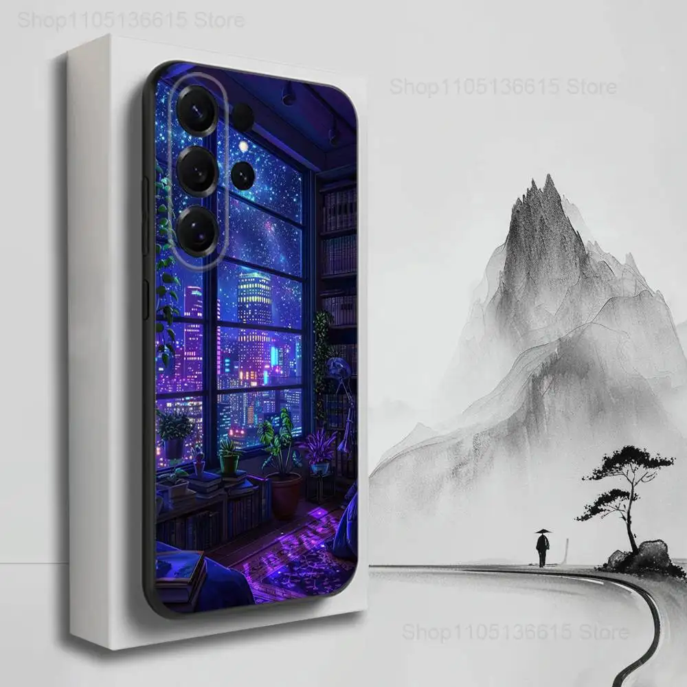 Capa de telefone com visão noturna de desenho animado azul para Samsung S25, S24, S23, S22, S21, S20, S10, S9, Ultra, Plus, Lite, FE, capa preta de silicone macio