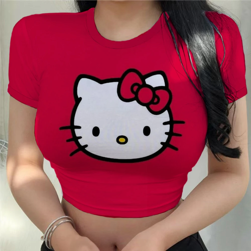 Camiseta corta con estampado Simple de Hello Kitty para mujer, ropa corta de calle con ombligo, manga corta, cómoda, transpirable, elástica, suave