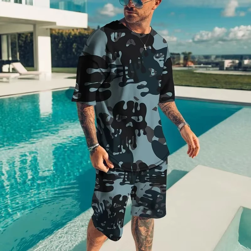 Fashionable men's sportswear summer beach short sleeved 3D printed shirt set street wear T-shirt shorts men's loose size clothes view 3