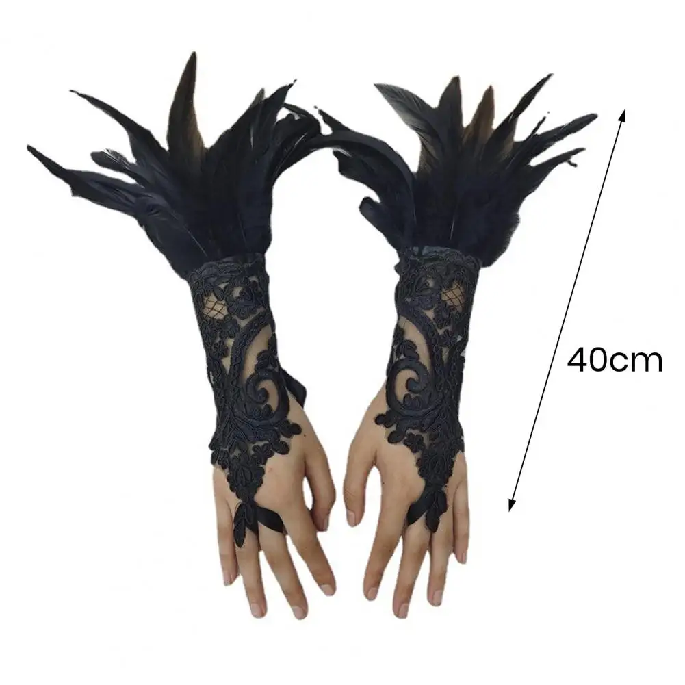 Allergy-free Gloves Elegant Lace Feather Long Gloves for Halloween Party Sexy Mesh Sleeve Mittins with Ribbon Tie Female Stage