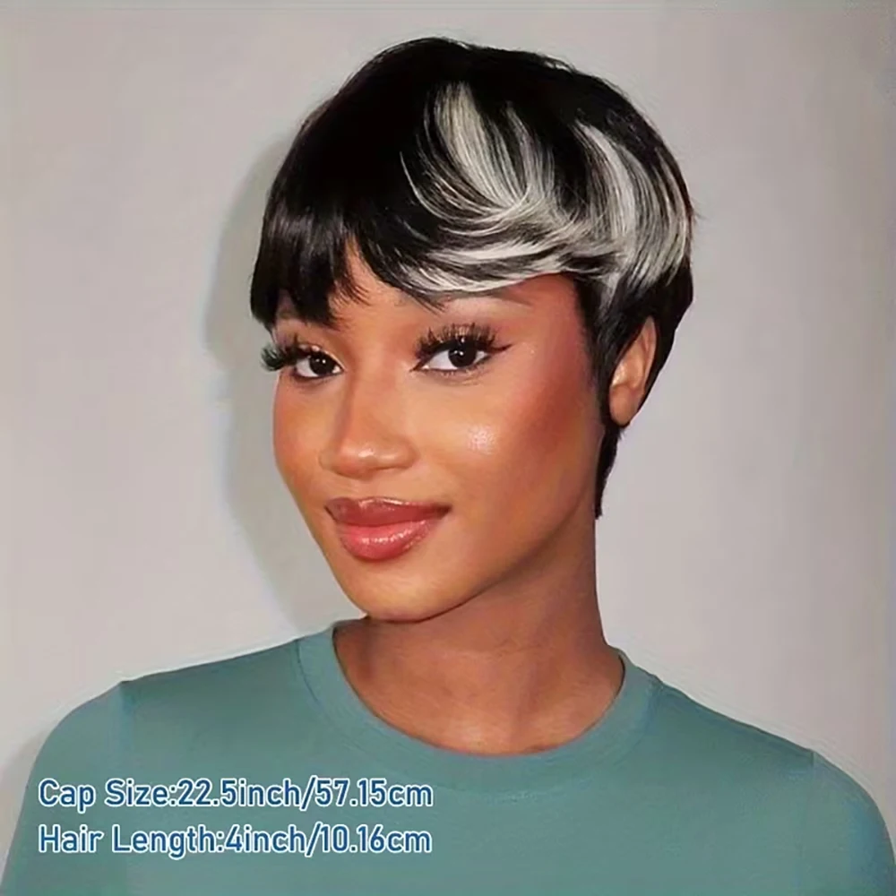 Cinza destaque curto pixie corte peruca de cabelo humano peruca reta com pré arrancado franja cabelo remy brasileiro para mulher máquina feita boné