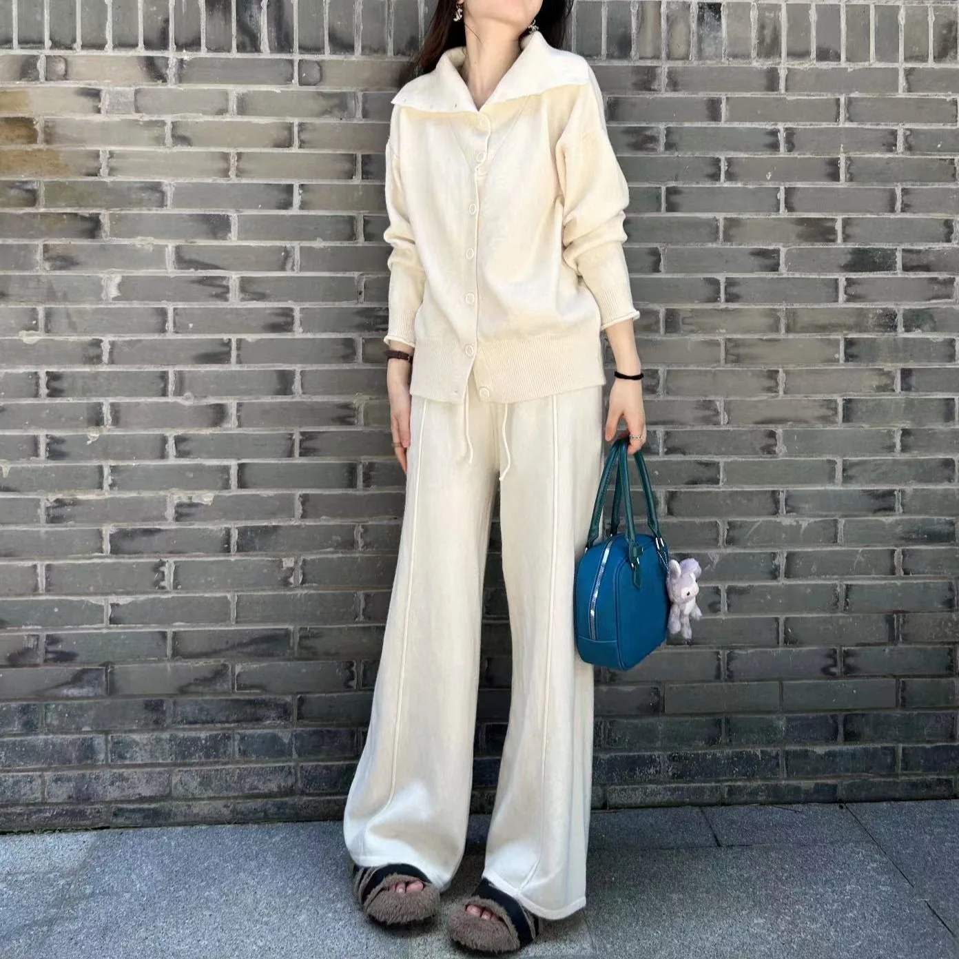 秋の新作ファッション レディース 無地 エレガント カジュアル トレンド シンプル ベーシック ニット 2点セット ターンダウンカラー セーター パンツ