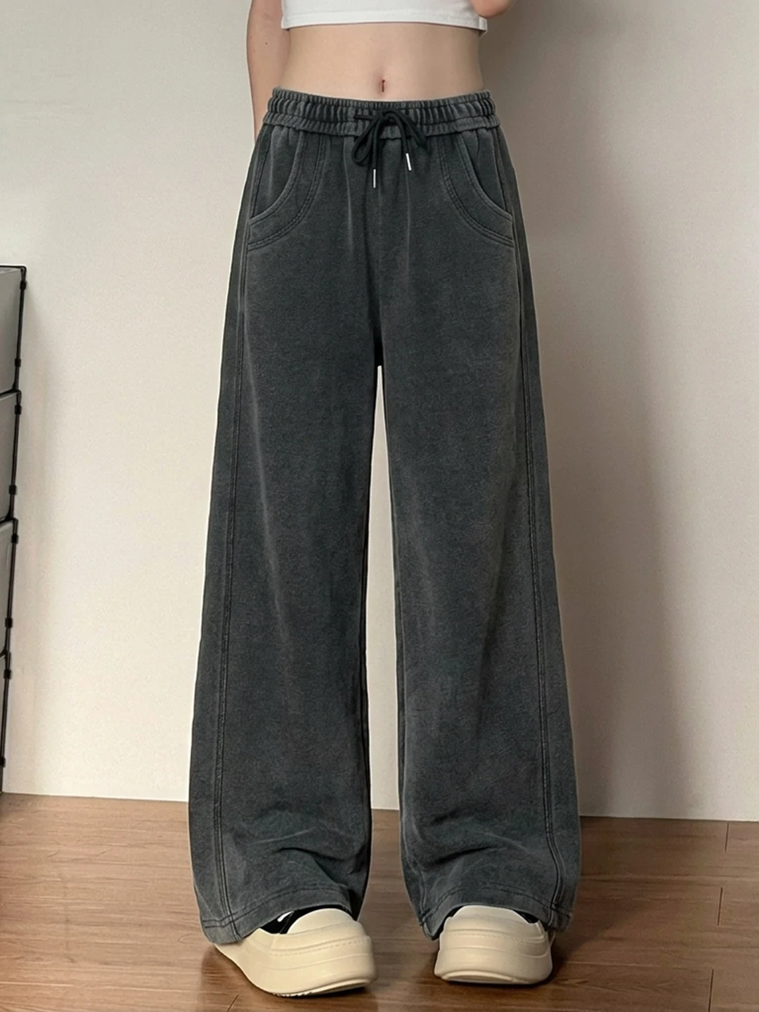 

Deep Grey American Style Casual Pants Women Summer plus Size Loose Hip Covering Wide Leg Jeans High Waist Slimming Effect