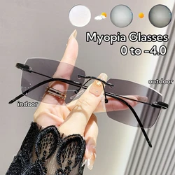 Fashionable Anti Blue Light Photochromic Eyewear Frameless Business Men's Myopia Glasses Cut Edge Color Changing Glasses