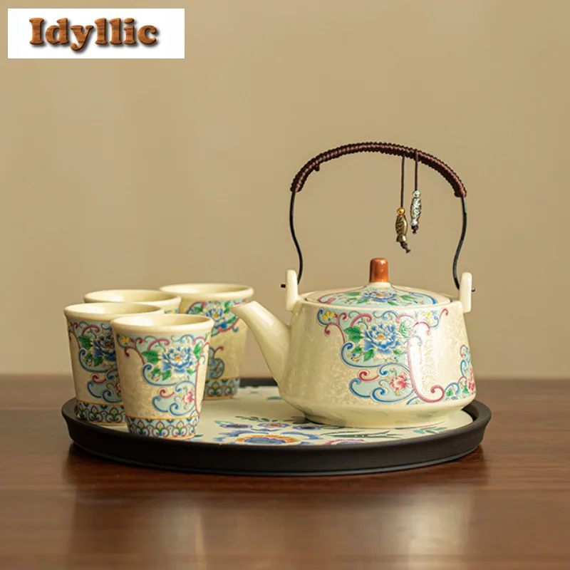 

Ручная роспись пион, чайный сервиз, полный набор, набор для чайной церемонии дзен, домашний чайник для заваривания чая и чайная чашка, набор посуды, украшение