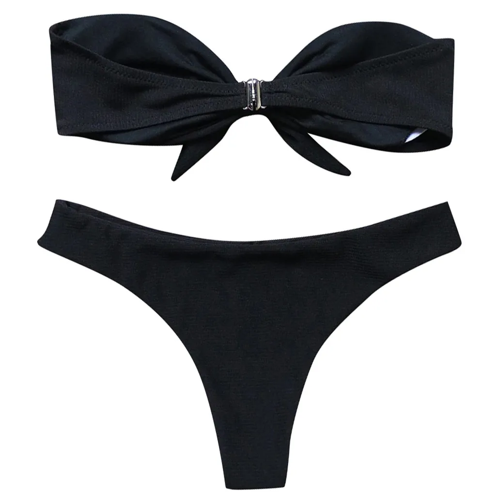 Women\'s Topless  Bow Tie Sexy Solid Color Or Printing Bikini Swimsuit Sets Low Waisted Bandeau Swimwears Two Piece Outfits