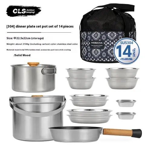 CLS&NOBANA Newset Outdoor Camping Stainless Steel 14PCS 22PCS Triple Stencorpel Set Camping Dinware Bowl Pot Set Household Pot