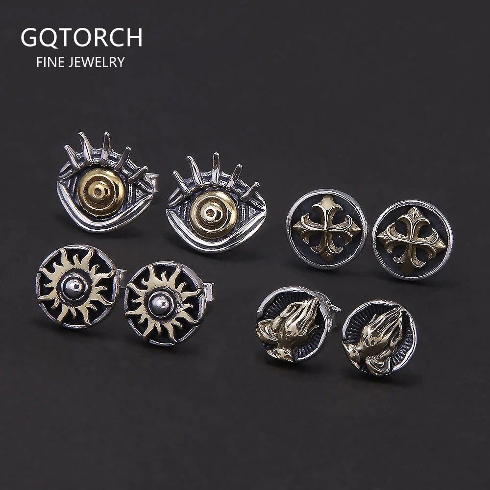925 Sterling Silver Retro Stud Earrings Cross Sun Praying Hands Evil Eye Ear Studs Vintage Fashion Jewelry