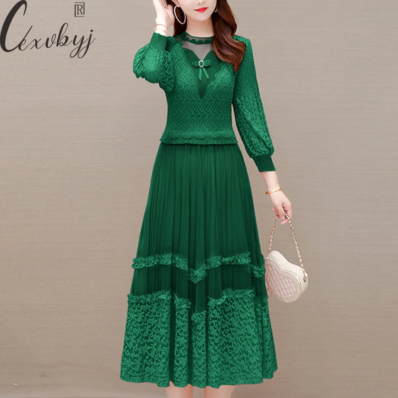 

Office Lady Lace Patchwork Elegant Dress 2023 Autunmn Winter Lantern Sleeve Fake Two Peice Dress All-Match Vintage Pleated Dress