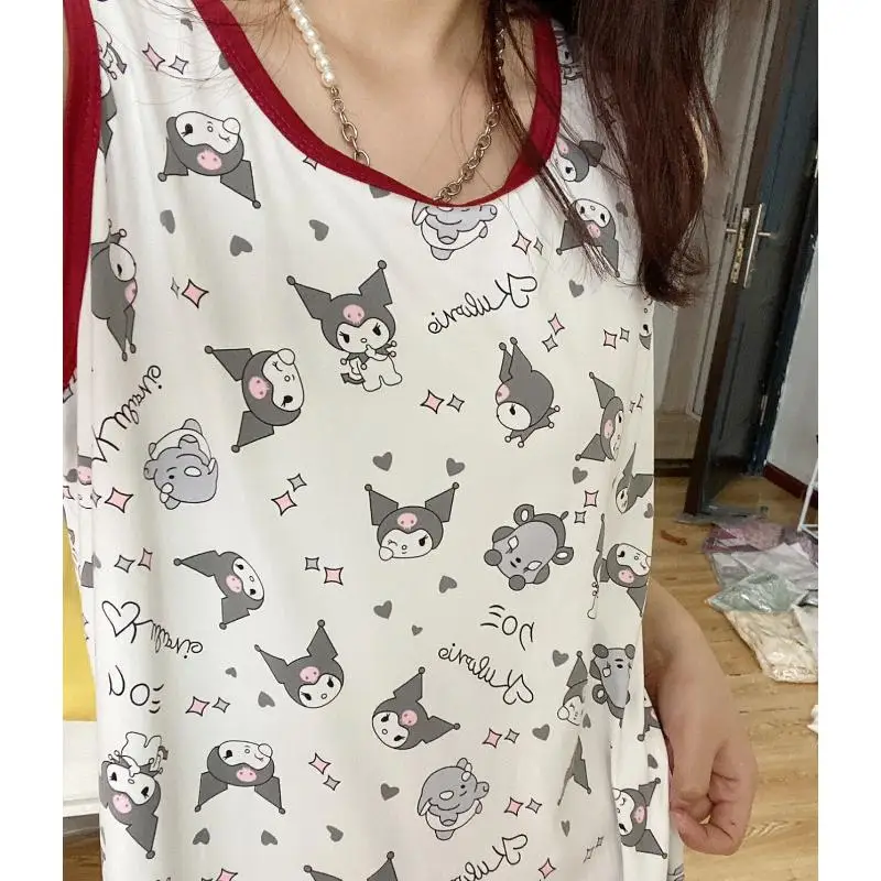 Hello Kitty Nightgown Kawaii Sanrio Long Skirt Pajamas Anime Cartoon Kuromi My Melody Loose Comfortable Girls Sister Home Wear