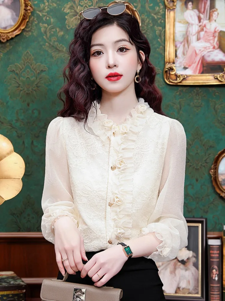 

Модная шифоновая блузка для женщин, новинка весенней коллекции, уникальный красивый топ с кружевной отделкой, корейский стиль, свободный крой, длинный рукав, круглый вырез