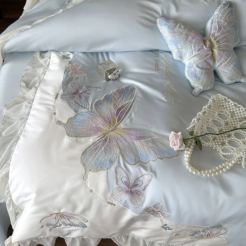 Vintage French Lace Ruffles Butterfly Embroidery Bedding Set 100S Egyptian Cotton Duvet Coves Bed Sheet Fitted Sheet Pillowcases