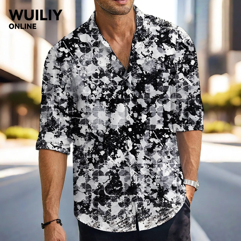 Mens Black Block Graphic Long Sleeve Button Down Shirt Casual Printed Geometric Pattern Women 3D Shirts With Pocket Shirts