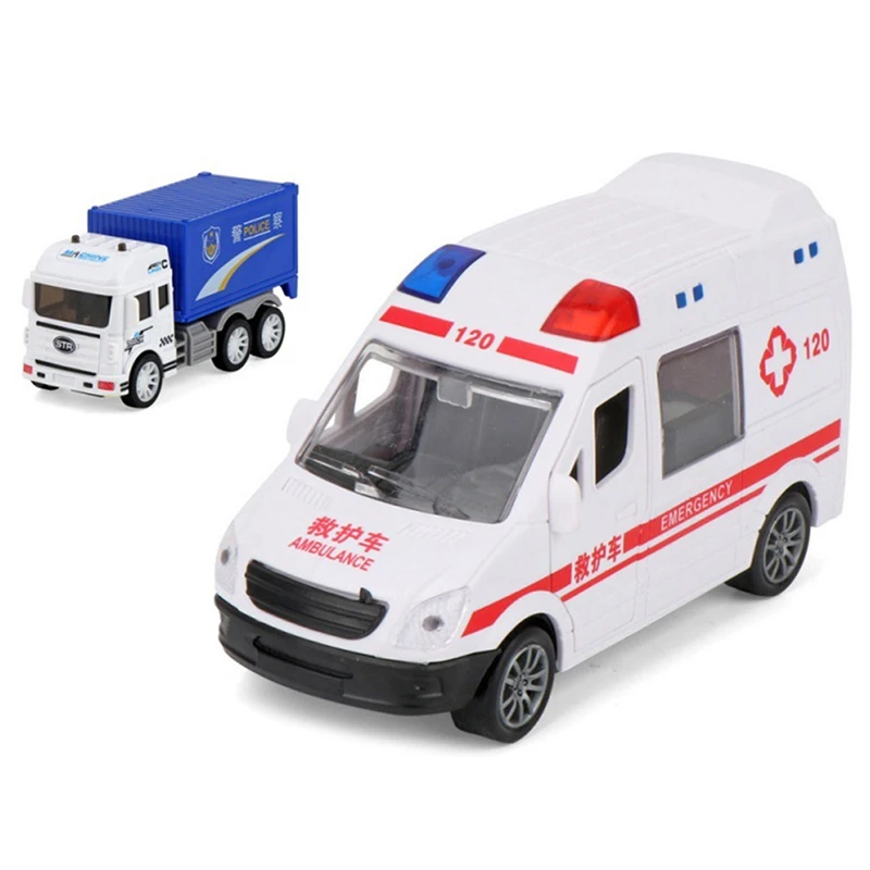 Hospital Rescue Ambulance Police Metal Cars Model Pull Back Sound And Light Alloy Diecast Car Toys For Children Boys Gifts