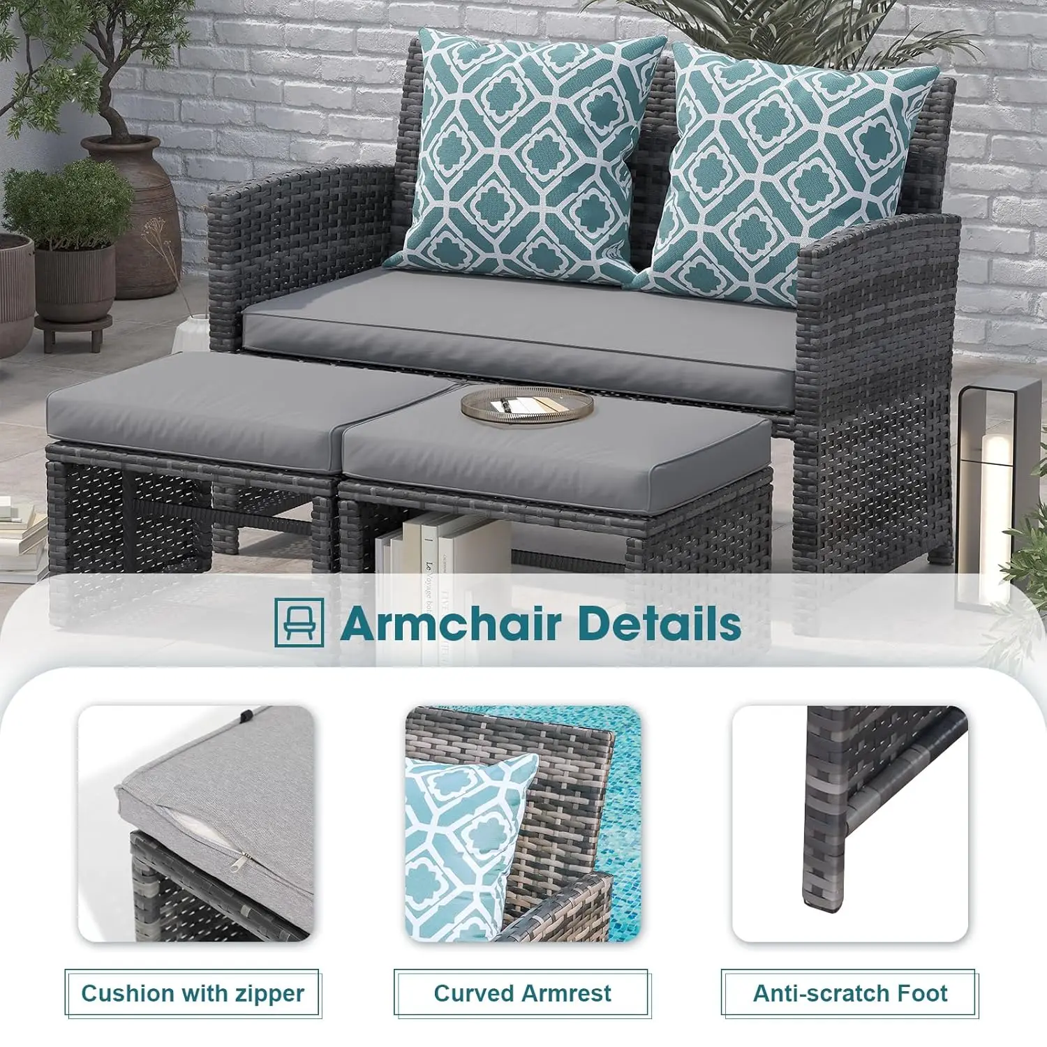 8pcs Patio Set All Weather Wicker Loveseat Chairs Ottoman Table Outdoor Grey Rattan Light Grey Cushion, Customized