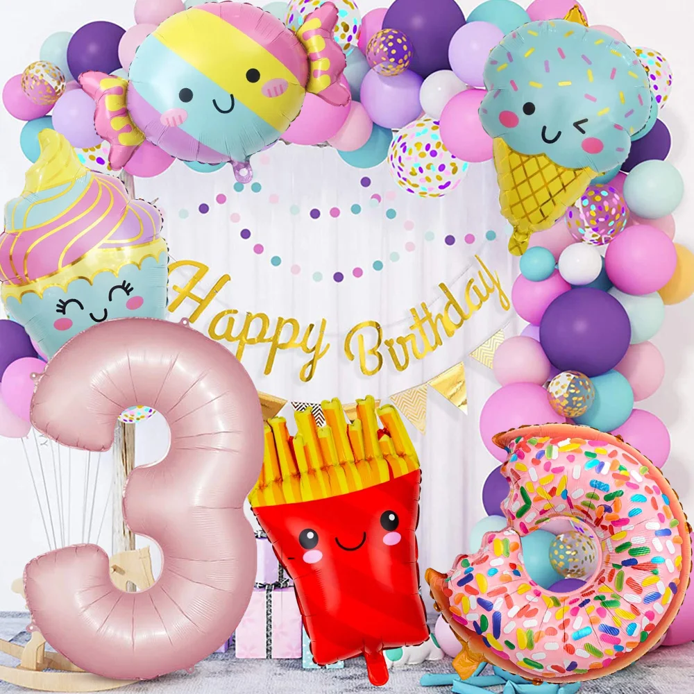 

Candy Birthday Balloon Pink Number French Fries Donuts Foil Helium Balloons for Ice Cream Theme Party Activity Background Decor