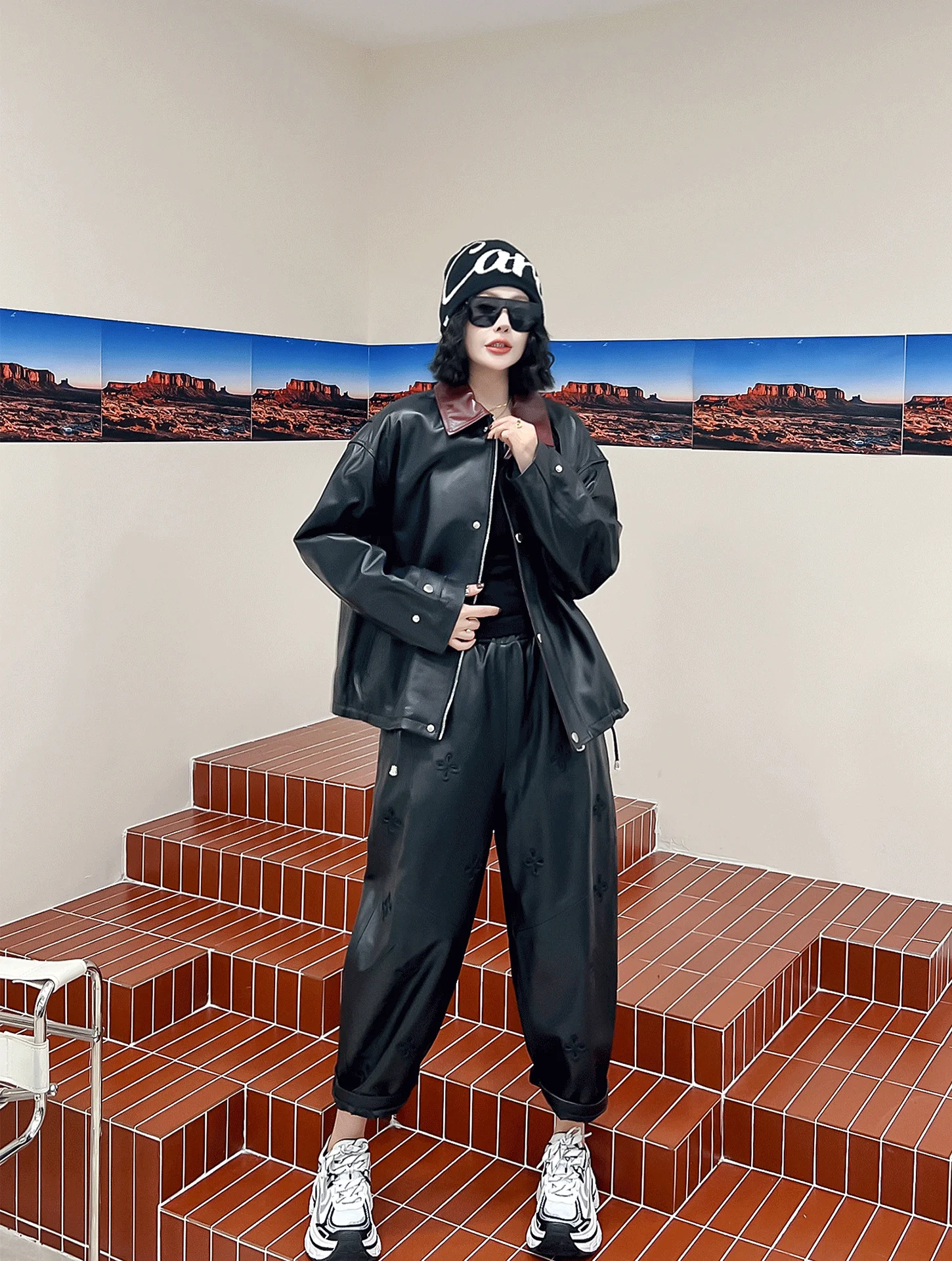 تأثير التخسيس الجلود Jaet المرأة فضفاضة تناسب متوسطة طول السائق Sle معطف eepskin طويل Sve طوق ملابس خارجية