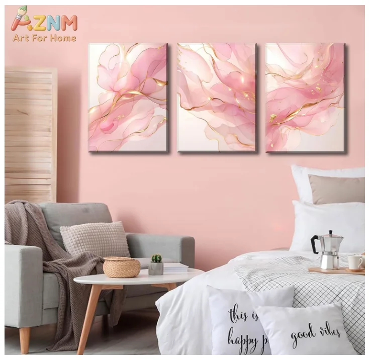 [2D Flat]1/3Pcs Canvas Poster(No Frame!!!) Blush Pink Abstract Fluid Wall Art, Gold Line Marble Print, Romantic Modern Decor for