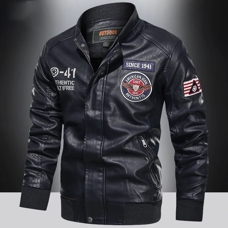 

Spring and Autumn Men's Motorcycle Suit Leather jacket Color blocking American baseball collar pilot casual PU leather jacket