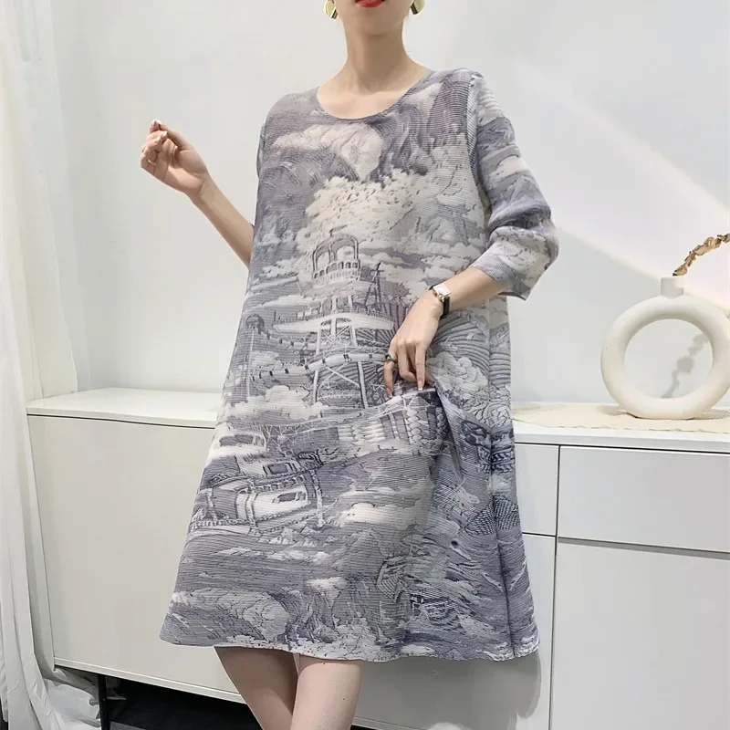 Miyake Pleated Retro Architectural Printed Long Dresses for Women 2024 autumn Round Neck Long Sleeve Elegant Loose Party Dress