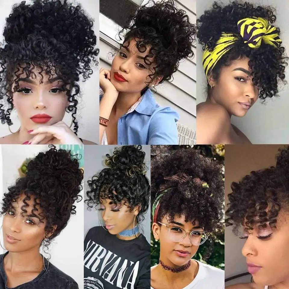 Peluca sintética G&T con flequillo rizado para mujeres afro, flequillo corto kinky rizado con clip (1B, flequillo individual) para uso diario 6