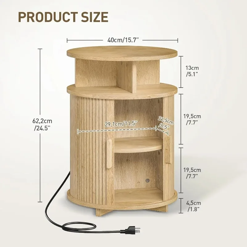 Round Fluted End Table Charging Station Sliding Door Storage Mid-Century Nightstand Living Room Bedroom Natural