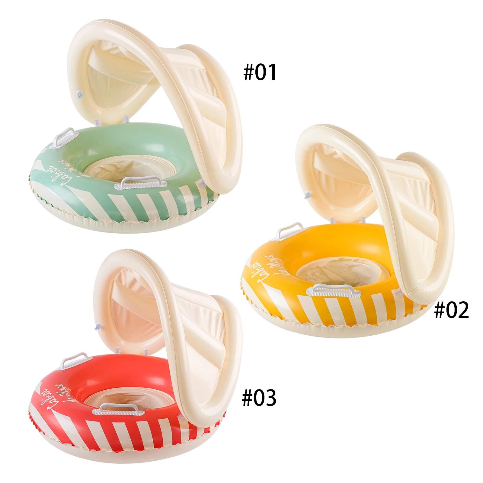 Baby Swimming Ring Inflatable Swim Ring with Detachable Canopy & Handles Cute Babies Pool Float Strip Pattern for Kids Toddlers