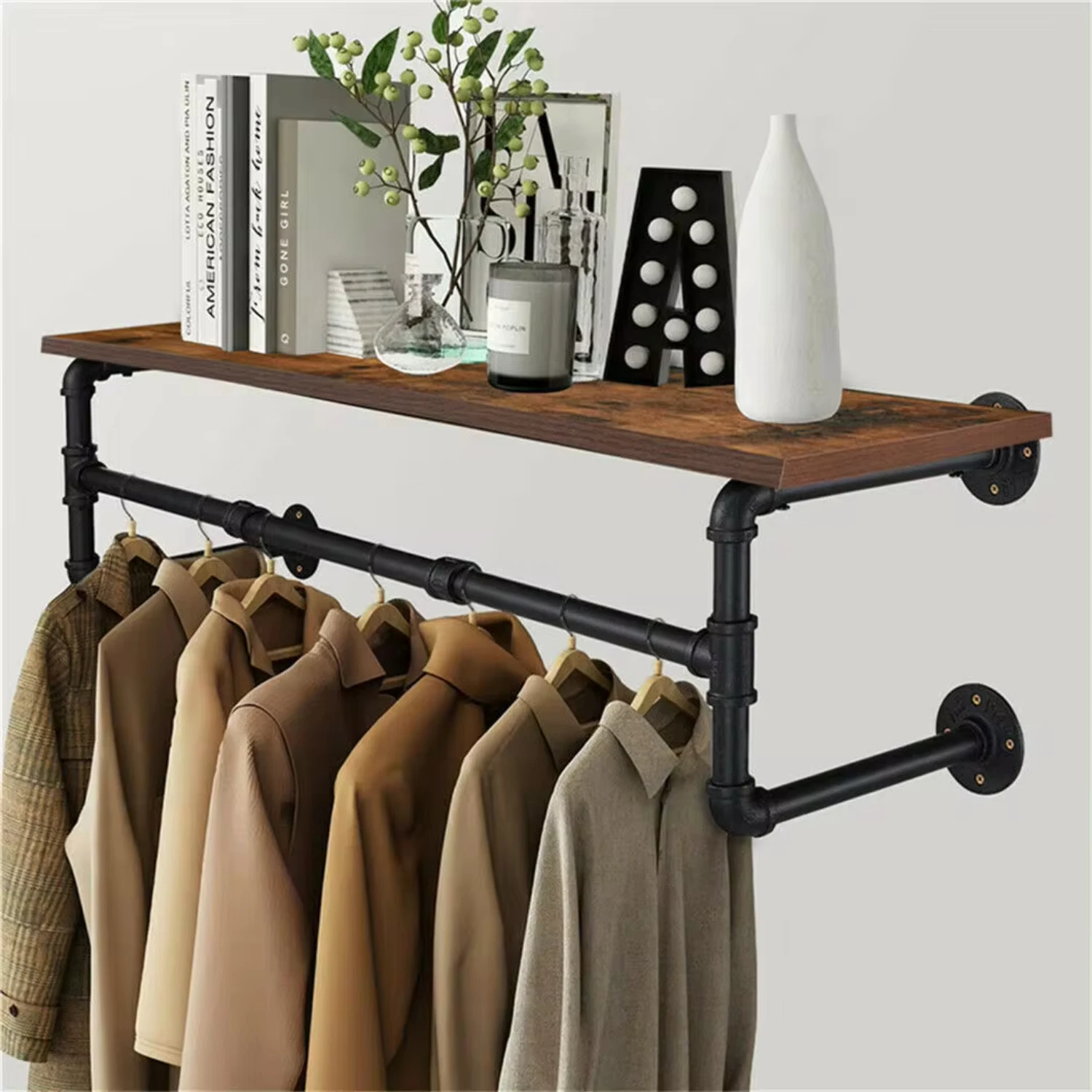 

New Industrial Pipe Clothing Rack Wall Mounted Wood Shelf Pipe Shelving Floating Shelves Retail Garment Rack Display Racks