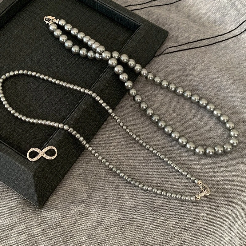 LENNIK إبزيم صغير مرصع بـ 8 أشكال بطبقات مزدوجة قابلة للفصل، قلادة من اللؤلؤ الاصطناعي باللون الرمادي متعدد الارتداء