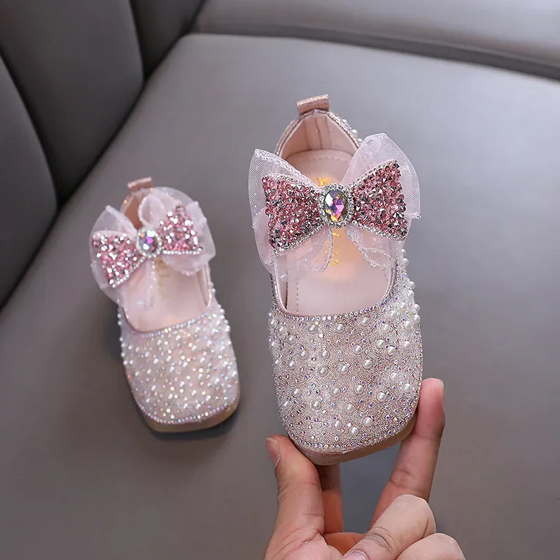 Girl Leather Shoe Sweet Bowtie Spring Autumn Children Pearl Causal Shoes Fashion Shallow Kids Wedding Party Flat Shoes Non-slip