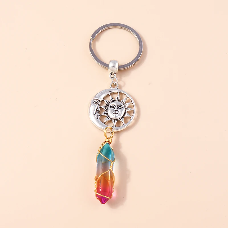 Natürliche sechseckige Säule Stein Schlüsselanhänger Frauen Männer Quarz Opal Kristall Schlüsselanhänger Auge Fatima Hand Sonne Mond Schmuck Party Geschenke – Detail 18