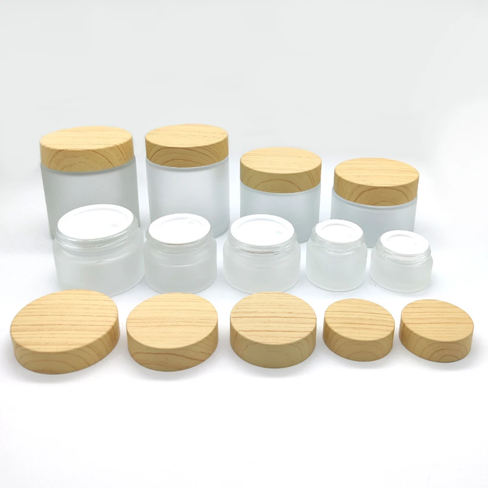Tapa de grano de madera de viaje, tarro de crema de vidrio esmerilado, tapa de tornillo, botella de crema redonda, contenedor de cosméticos, tarro, subembotellado para el cuidado de la piel