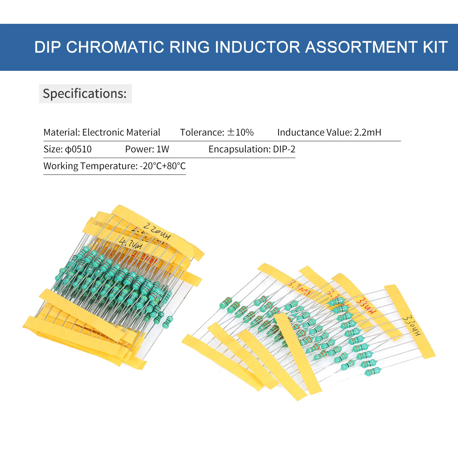 Inductor de anillo cromático DIP, Kit surtido de 200 piezas φ0510, tolerancia ± 10% de potencia, 1W, 20 inductores
