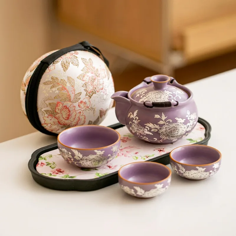 

Purple Ru Kiln Silver Peony Handmade Teapot Travel Tea Set Outdoor Camping Portable Quick Customer Cup Color Changing Teapot New