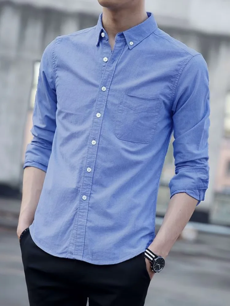 

Oxford Fabric Men's Long Sleeve Shirt Slim Fit Casual Pure Color Spring Summer Autumn Fashionable Korean Style Student Shirt