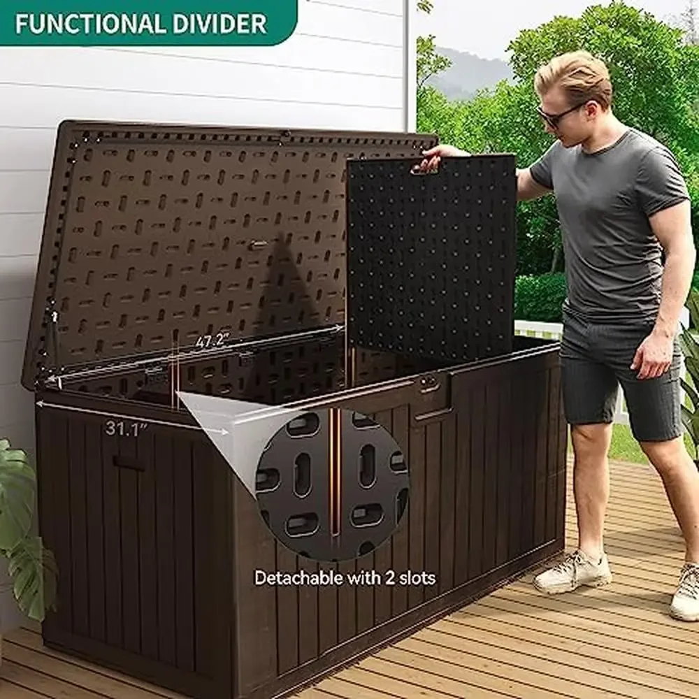 Large Outdoor Storage Deck Box with Divider 230 Gallon Weatherproof Lockable Ideal Patio Furniture Cushions Garden Tools [Brown]