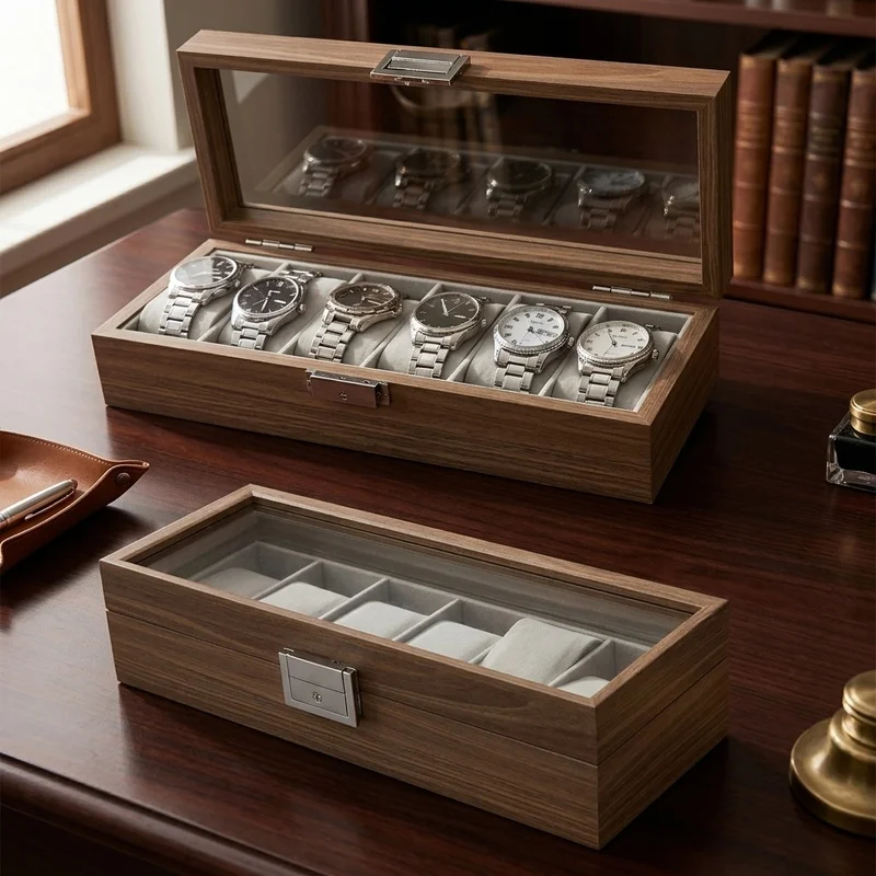 3/6/10/12 Slot Wooden Watch Storage Box, Black Walnut Pattern Display Organizer Case for Watch Collection and Gifts