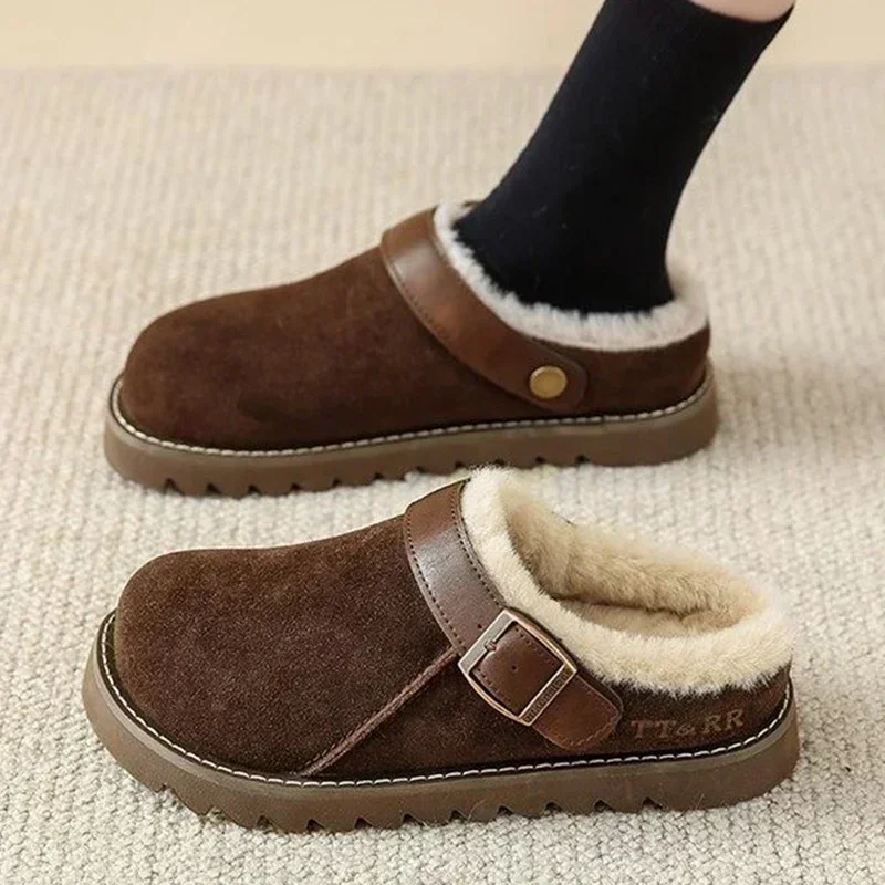 

2024 Women Slippers Winter Fur Flats Short Plush Mules Shoes New Women Platform Cotton Shoes Suede Home Flip Flops Warm Shoes