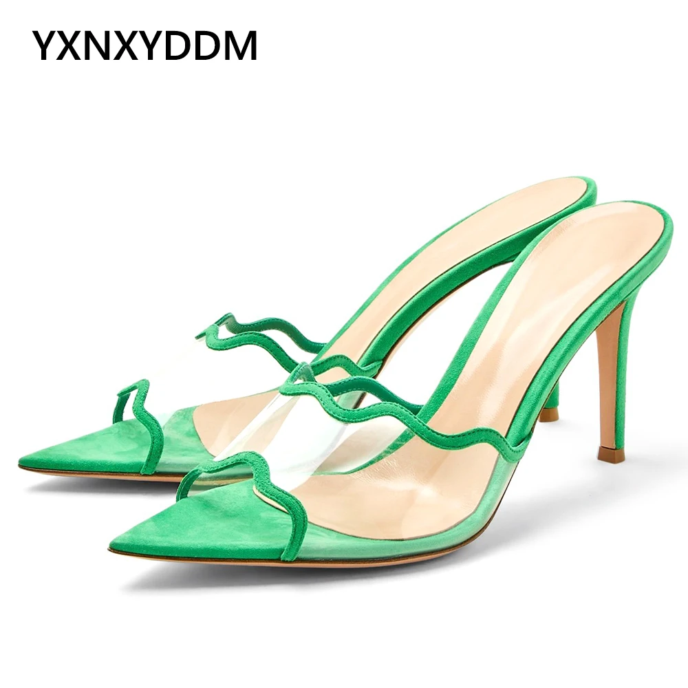 

2023 New Pointed Toe High Heel PVC Summer Mules Sandals for Women Green Faux Suede Clear Shoes Ladies Party Heels Large Size