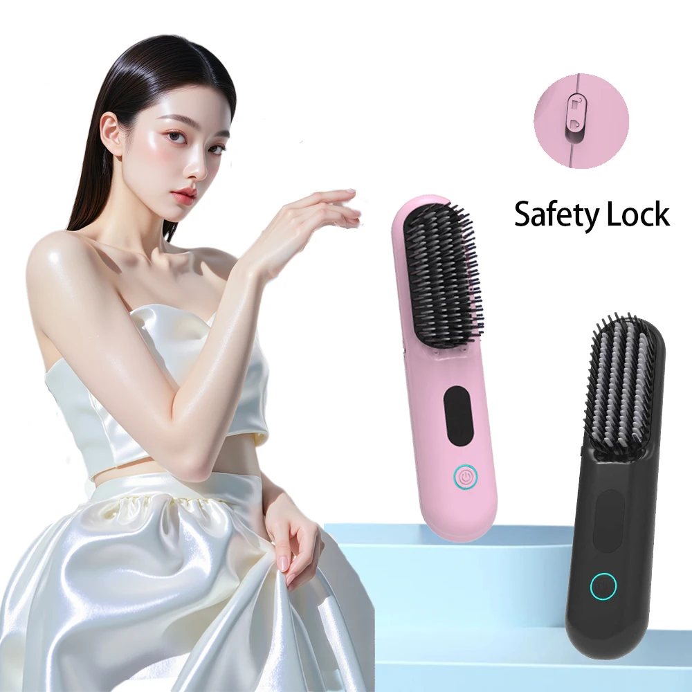 

Cordless Hair Straightener Brush Rechargeable Hot Comb Portable Hair Styler With Negative Ion and Temperature Display Screen
