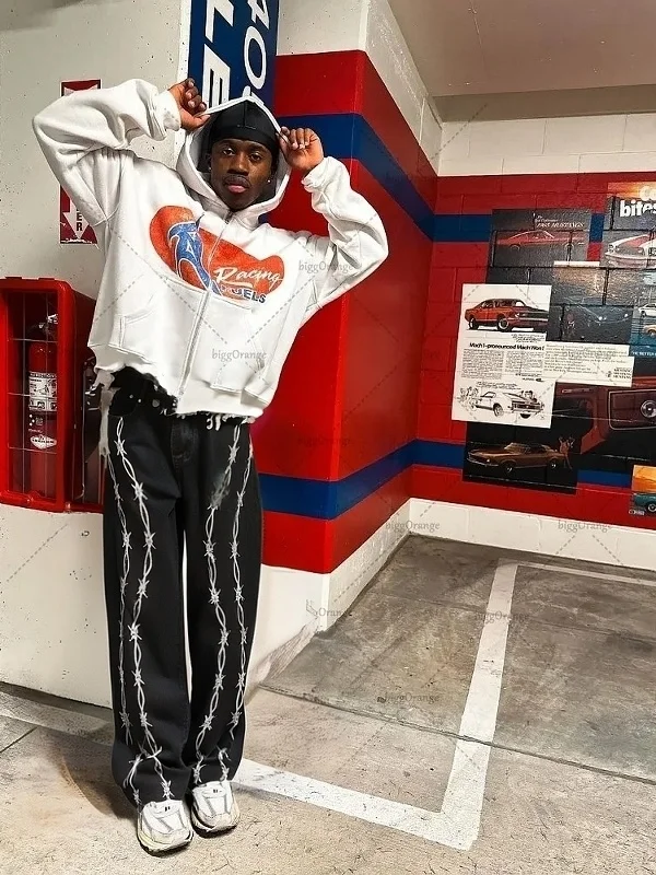 

Men's Embroidered Contrast Wide Leg Loose Jeans Denim Pants Straight Cut Casual Trousers mid Waist Zipper Fastening Long Trou...