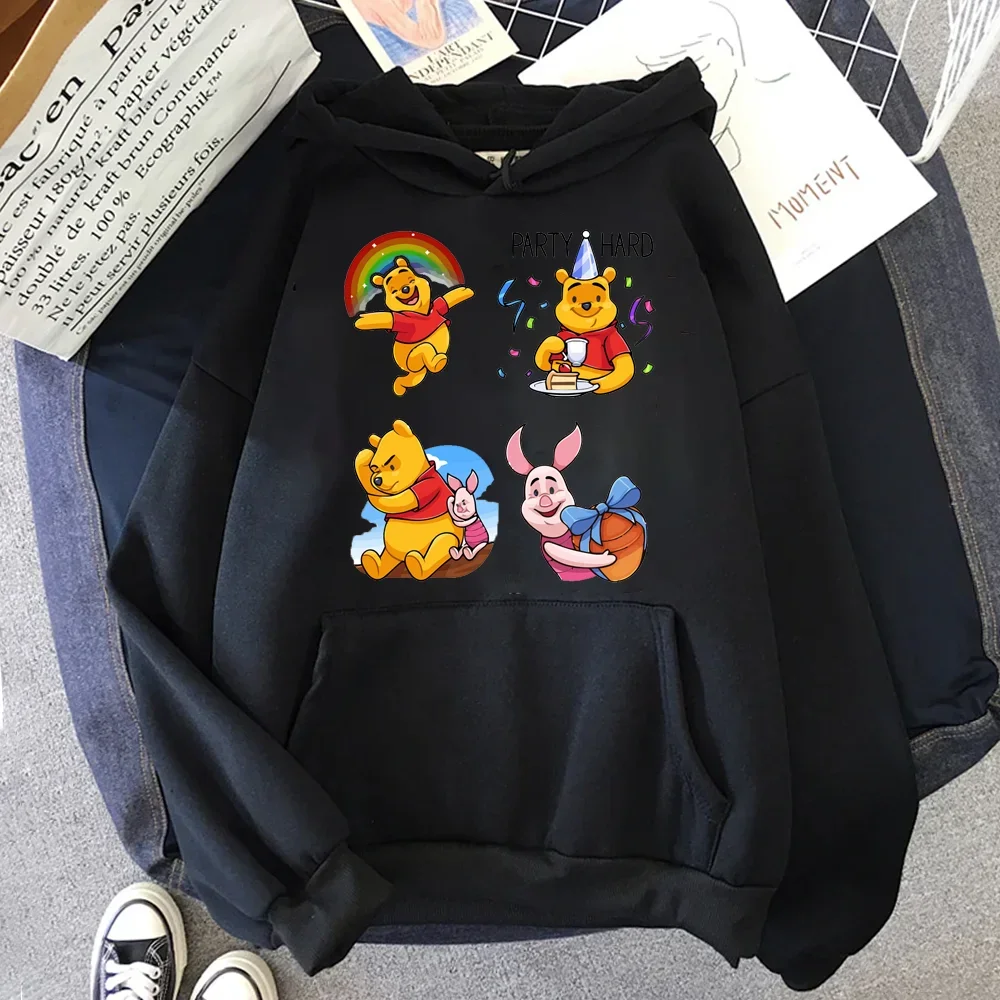 Kawaii Disney Cartoon Hoodies Winnie The Pooh Print Women Casual Hoodie Harajuku Autumn O-neck Black Pullovers Sweatshirts Tops